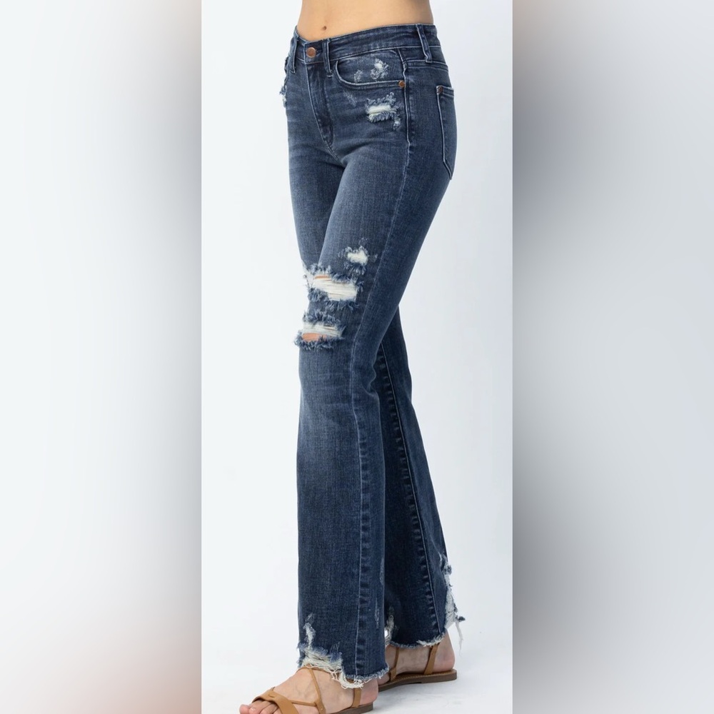 NWT - Judy Blue - Mid-Rise Dark Destroy Slim Bootcut Denim Jeans - Size 24W - Picture 3 of 6